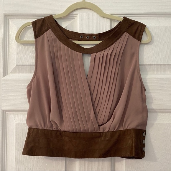 Double Zero Pleated Cross Front And Back Suede Leather Trim Crop Top - Picture 1 of 12